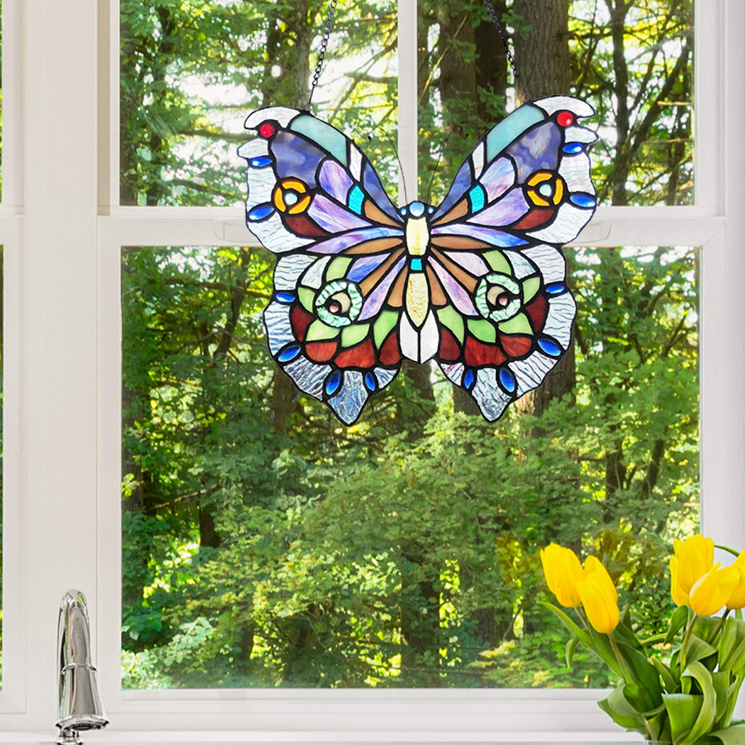 12" h Love Life Butterfly Stained Glass Window Panel 12.5" X 0.5" 12" Purple - Diamond Home USA