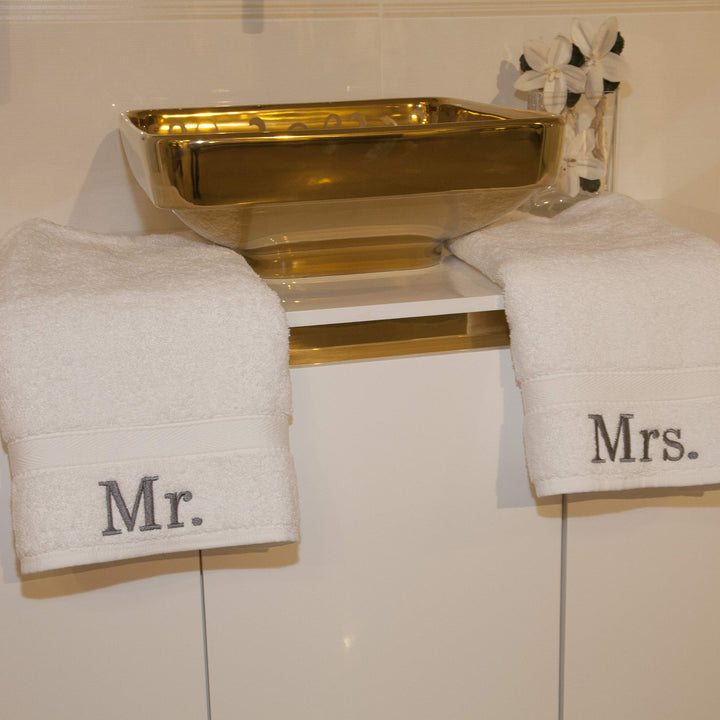 2 Piece White Mr and Mrs Towel Set Husband Wife Towels Plush Heavy Couples - Diamond Home USA