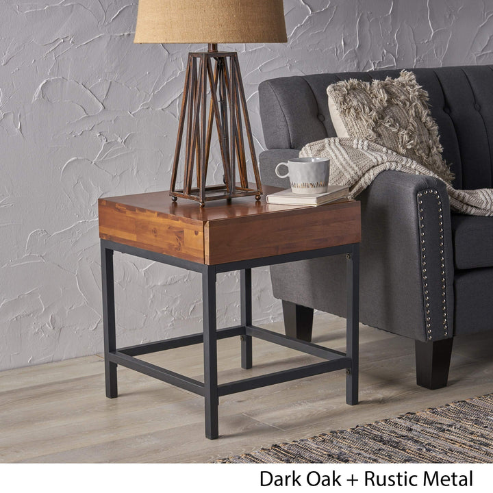 Industrial Square Acacia Wood Storage End Table by Brown Country Farmhouse - Diamond Home USA
