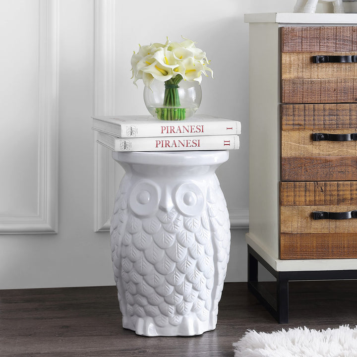 Groovy Owl 17.5" Ceramic Garden Stool White Traditional Transitional Glossy