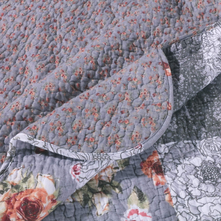 3 Piece Patchwork Quilt Size Set Farmhouse Theme Floral Plaid