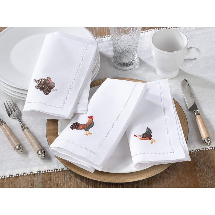 Cotton Table Napkins with Embroidered Turkey Design (Set of 6) White Solid - Diamond Home USA