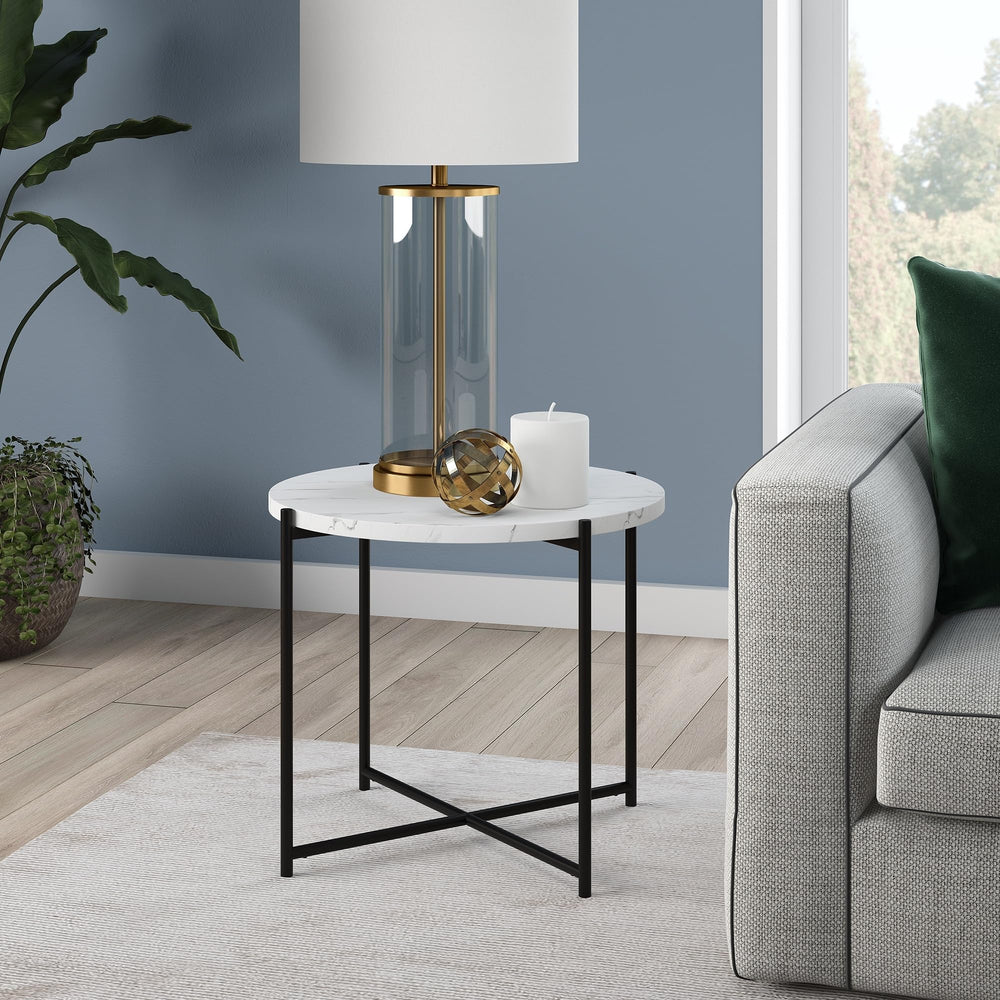 23.63" Wide Round Side Table with Marble Top Black White Modern Contemporary - Diamond Home USA