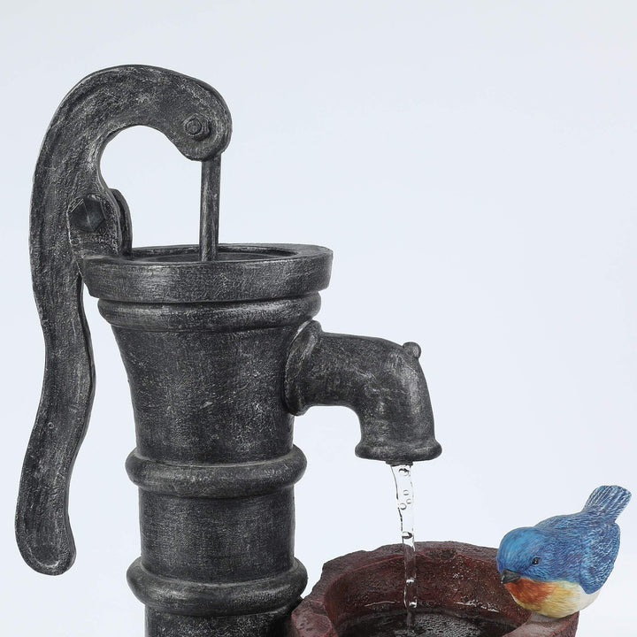 Cement Whiskey Barrels and Water Pump Outdoor Patio Fountain Blue Brown - Diamond Home USA