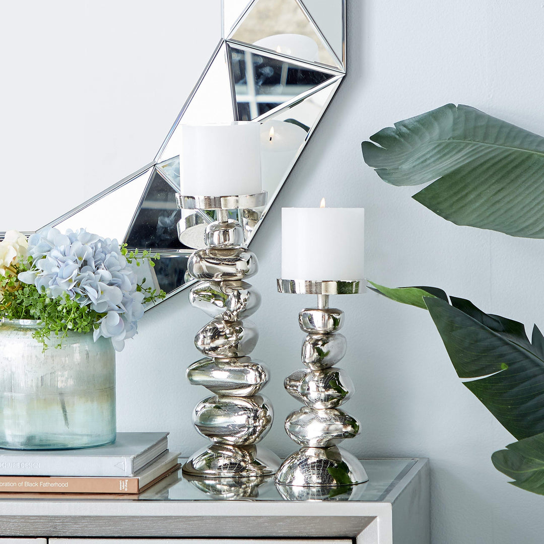 Silver Stacked Stone Candle Holders Set of 2 10" 14" 5 X 14 - Diamond Home USA