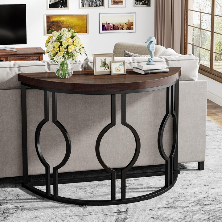 Half Moon Console Table for Entryway Semi Circle Sofa with Geometric Base Rustic Brown - Diamond Home USA