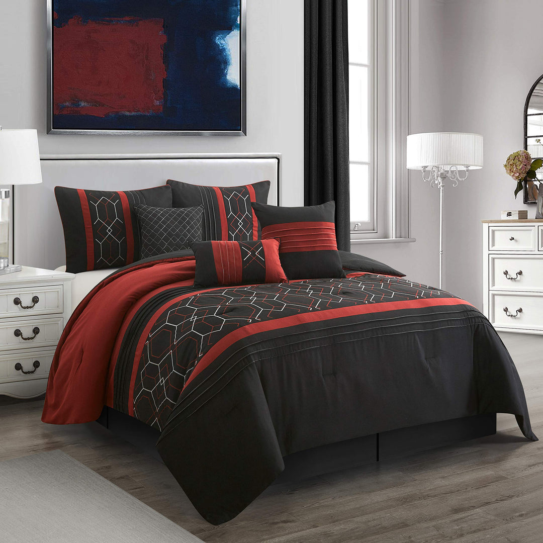 Stratford Park Geometric 7 Piece Comforter Bedding Set Black/Wine King Size 100%