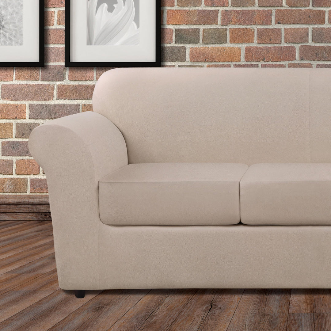 SureFit Ultimate Stretch Leather 3 PC Loveseat Slipcover in Pebbled Ivory - Diamond Home USA