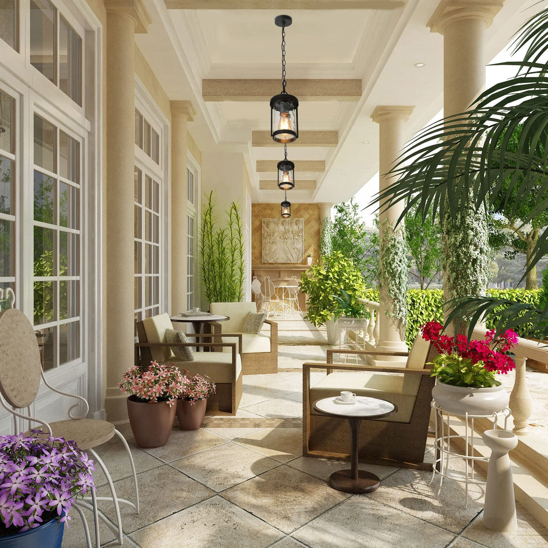 Modern Outdoor Patio Pendants Black Water Ripple Glass Shade Ceiling Light - Diamond Home USA