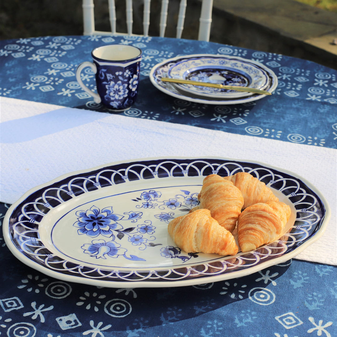 Euro Blue Garden 18" Stoneware Oval Serving Platter 17.8 X 12.6 1.3" Off/White - Diamond Home USA