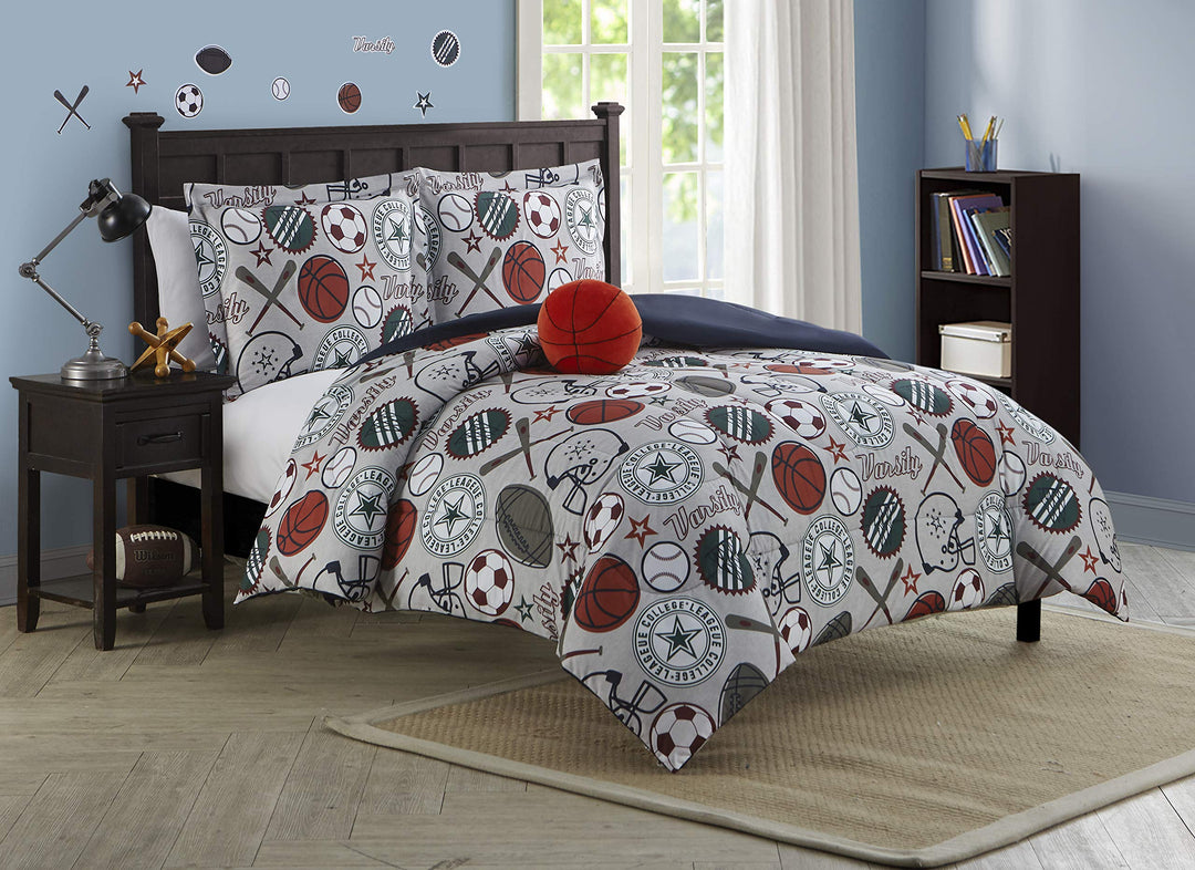 Mytex Home Fashions League Sports Kids 4-Piece Reversible Comforter Set Full Grey/Navy/Blue - 4 Piece - Full