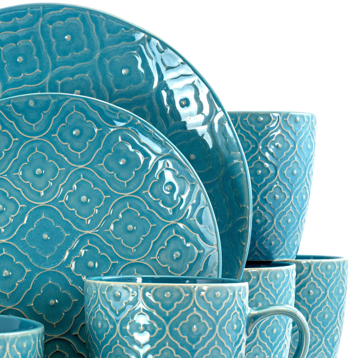 16 Piece Round toneware Dinnerware Set in Aqua Blue Textured Casual Microwave - Diamond Home USA