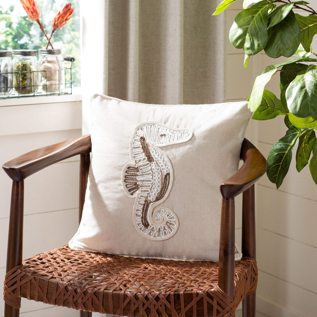 18" Seahorse Pillow Beige Animal Nautical Coastal Polyester Single