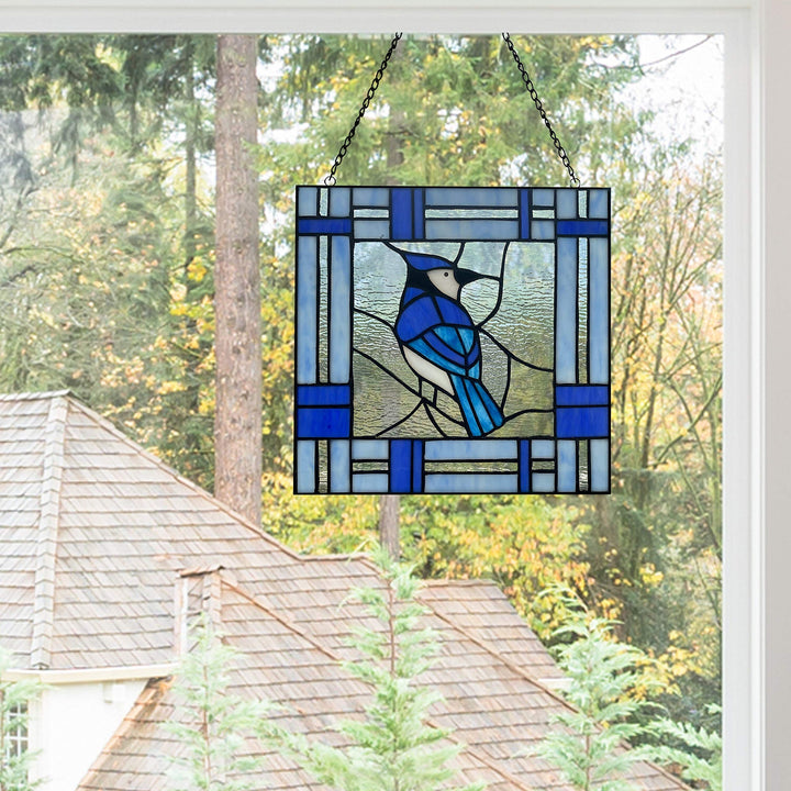 11" h The Blue Jay Stained Glass Window Panel 11" X 0.25" Traditional Square - Diamond Home USA