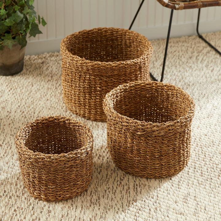 Seagrass Round Baskets With Cuffs Set Of 3 - Diamond Home USA