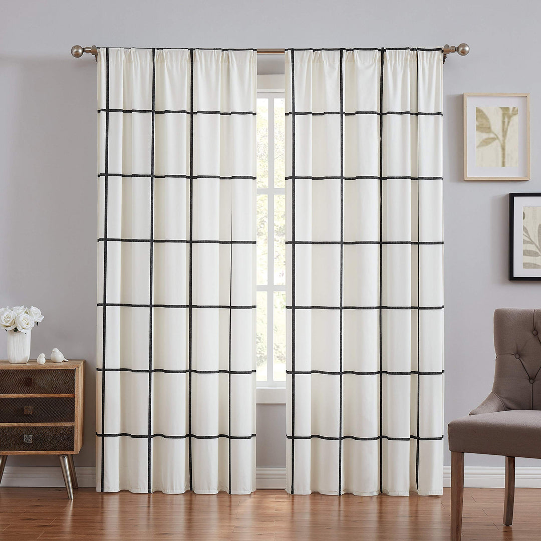 Modern Windowpane Window Curtain - Ivory Plaid Casual Farmhouse Mid-Century