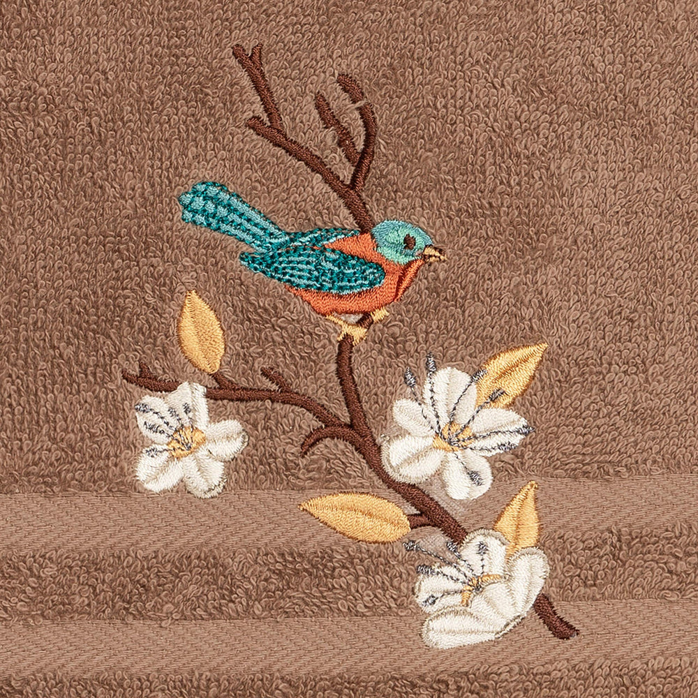 Turkish Cotton Blue Bird Embroidered Latte Brown 2-Piece Towel Hand Set Terry - Diamond Home USA