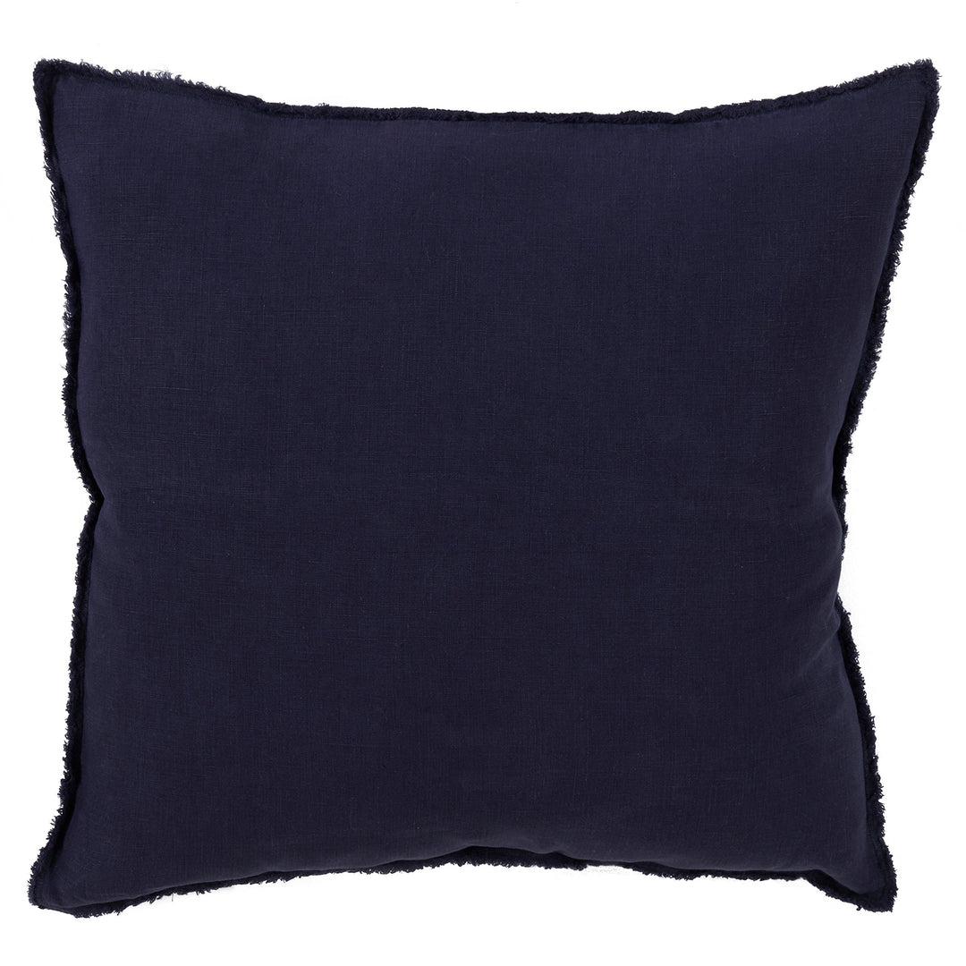 SARO LIFESTYLE 100% Linen Down-Filled Throw Pillow with Fringed Edges Midnight Blue