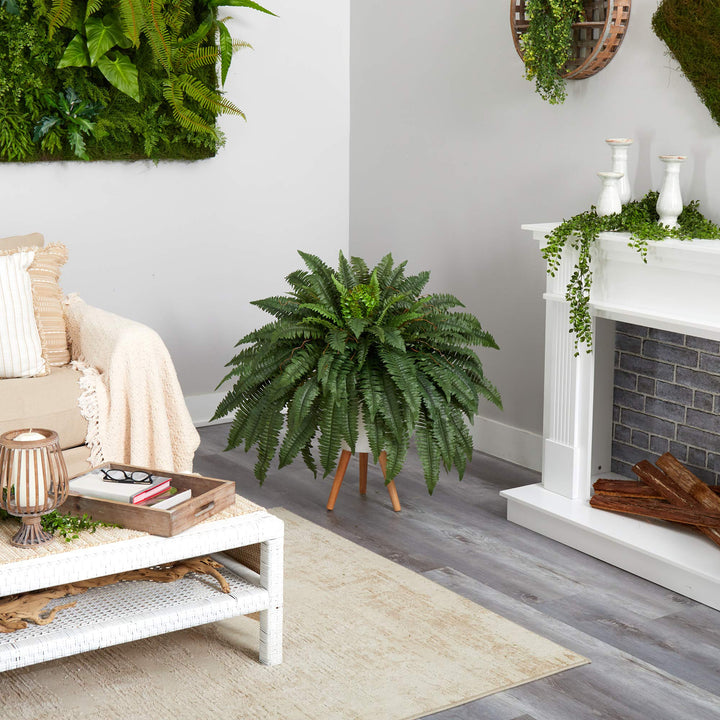 Nearly Natural 2.5ft. Boston Fern Artificial Plant in White Planter with Legs - Diamond Home USA