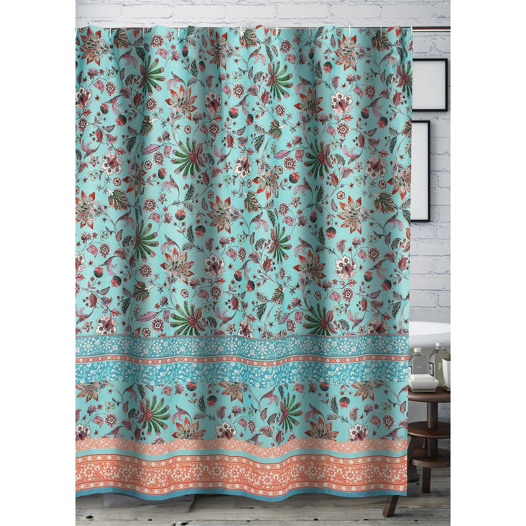 Bath Shower Curtain Blue Green Pink Border Botanical Floral Bohemian Eclectic - Diamond Home USA