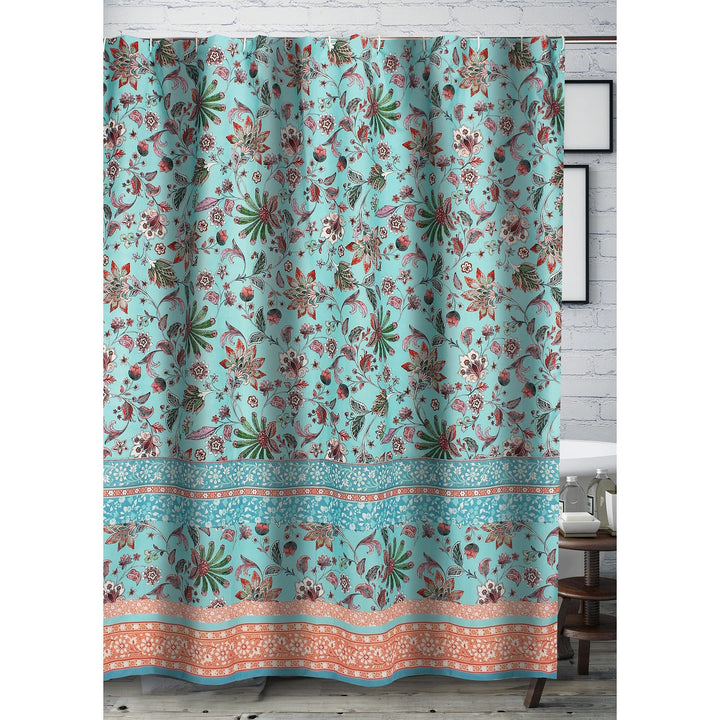 Bath Shower Curtain Blue Green Pink Border Botanical Floral Bohemian Eclectic - Diamond Home USA
