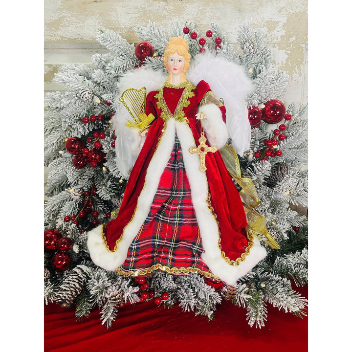 Santa's Workshop 16inch Tartan Plaid Angel Tree Topper 16 Red Resin Medium - Diamond Home USA