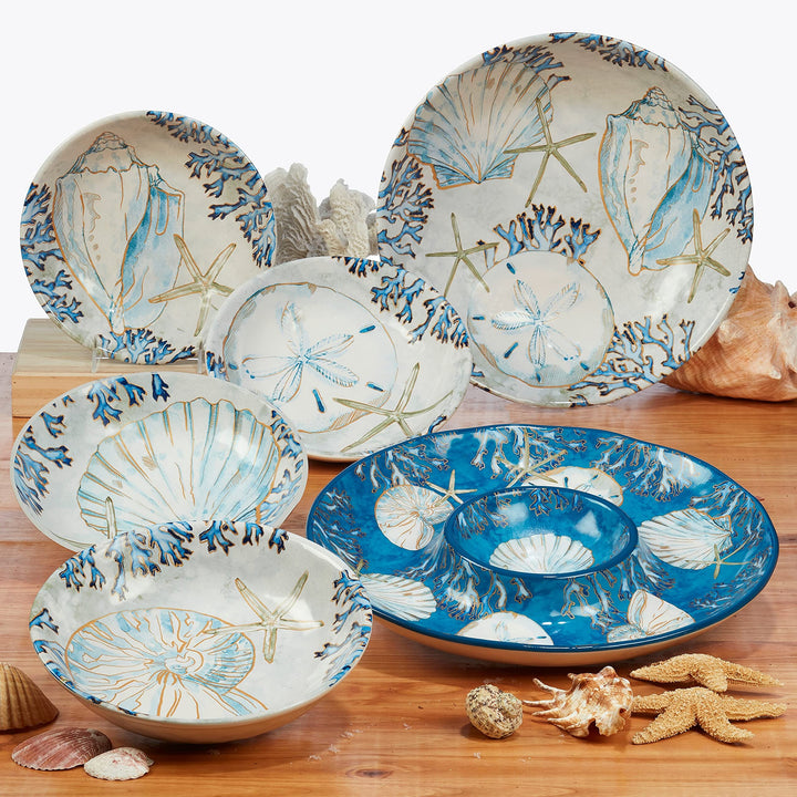 Shells 26 Oz. Ice Cream/Dessert Bowls Set of 4 Blue Gold White Coastal Casual - Diamond Home USA