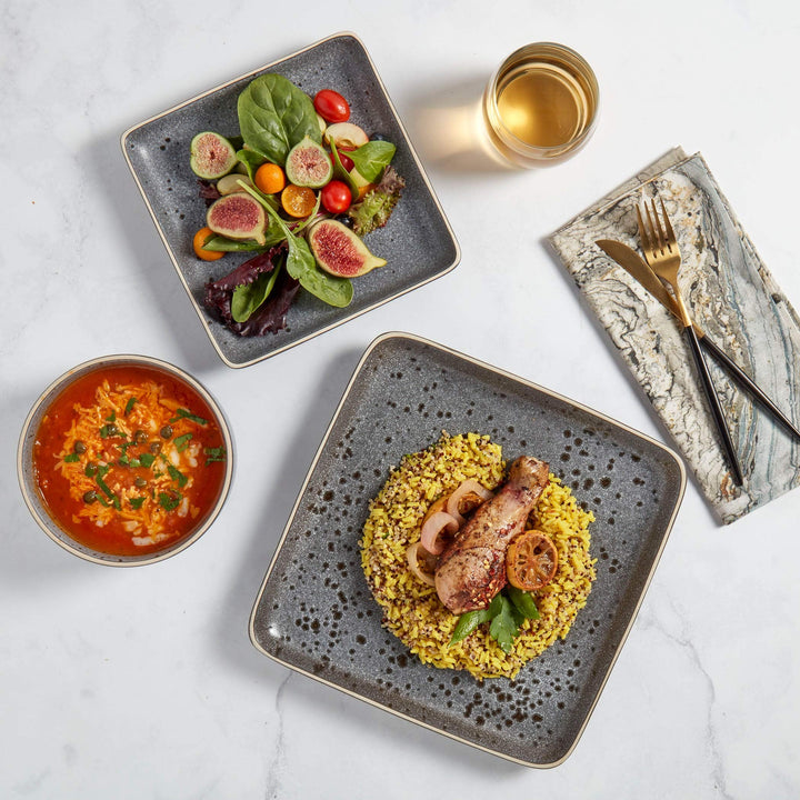 Tabletops Gallery 12pc Grey Square Dinnerware Set Solid Casual Stoneware 12 - Diamond Home USA