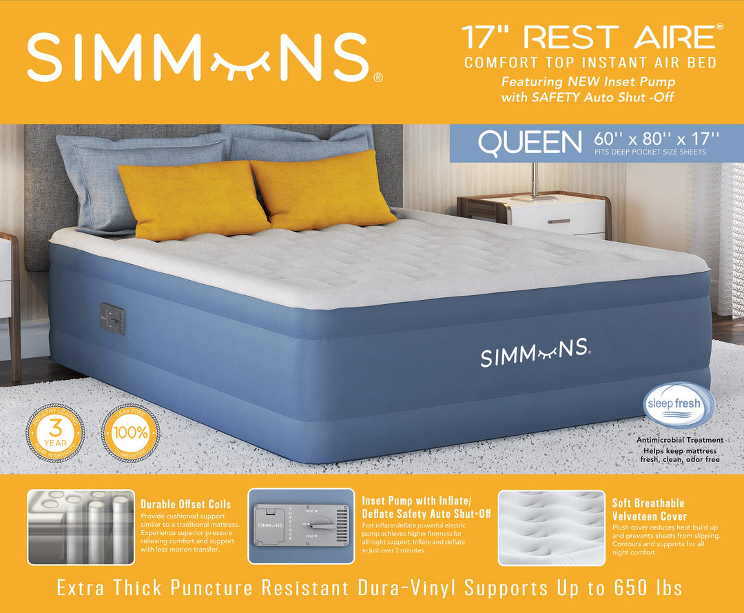 Simmons Rest Aire Mattress Air Bed with Side Built-in Pump and Soft Velveteen Queen - Diamond Home USA