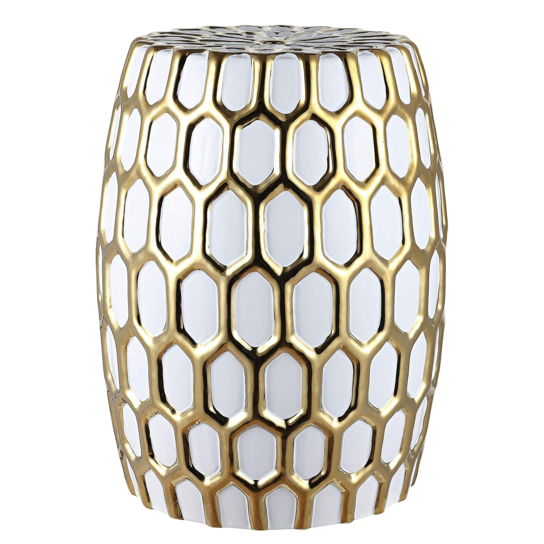 Honeycomb Ceramic Decorative Garden Stool Gold White Modern Contemporary Glossy - Diamond Home USA