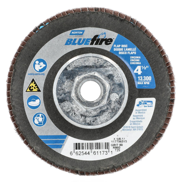 Norton BlueFire Flap Disc 10-PK 4-1/2x7/8 80 Grit T29 Wheel Diameter 4.5 in