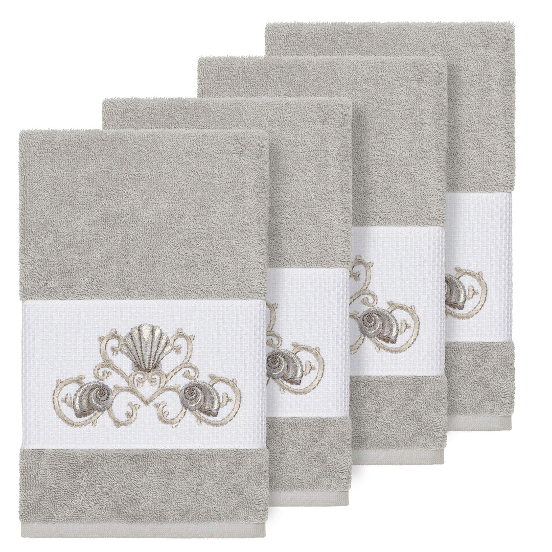 Turkish Cotton Shells Embroidered Light Grey 4-Piece Hand Towel Set Terry Cloth