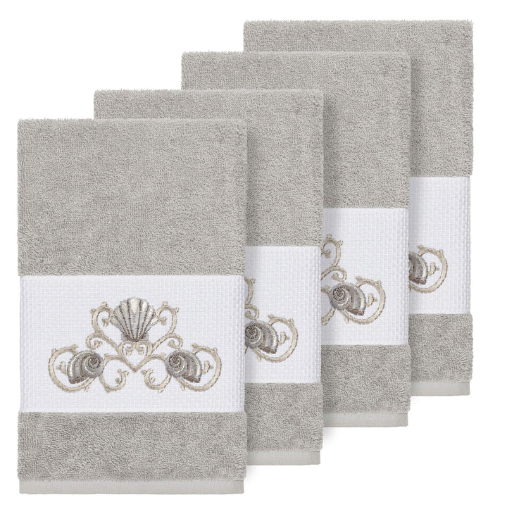 Turkish Cotton Shells Embroidered Light Grey 4-Piece Hand Towel Set Terry Cloth