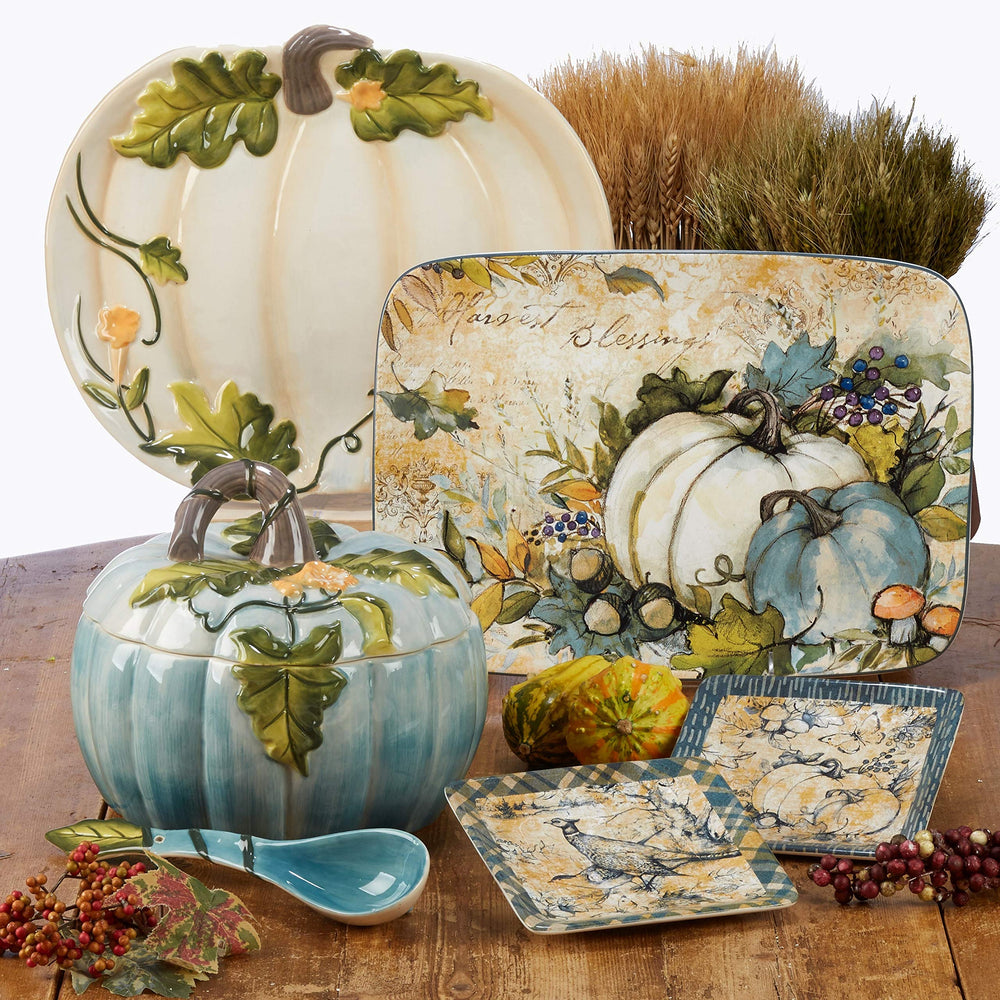 Harvest Gatherings Rectangular Platter Blue Green Multi Color Fruit Farmhouse - Diamond Home USA