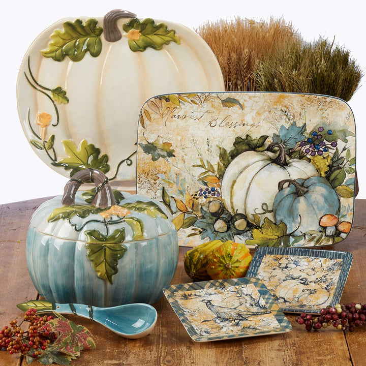 Harvest Gatherings Rectangular Platter Blue Green Multi Color Fruit Farmhouse - Diamond Home USA
