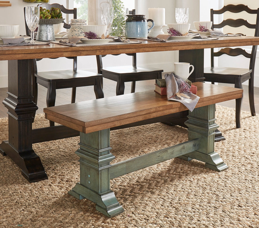 Inspire Q Eleanor Two-Tone Trestle Leg Wood Dining Bench (Sage/Oak Finish) - Diamond Home USA