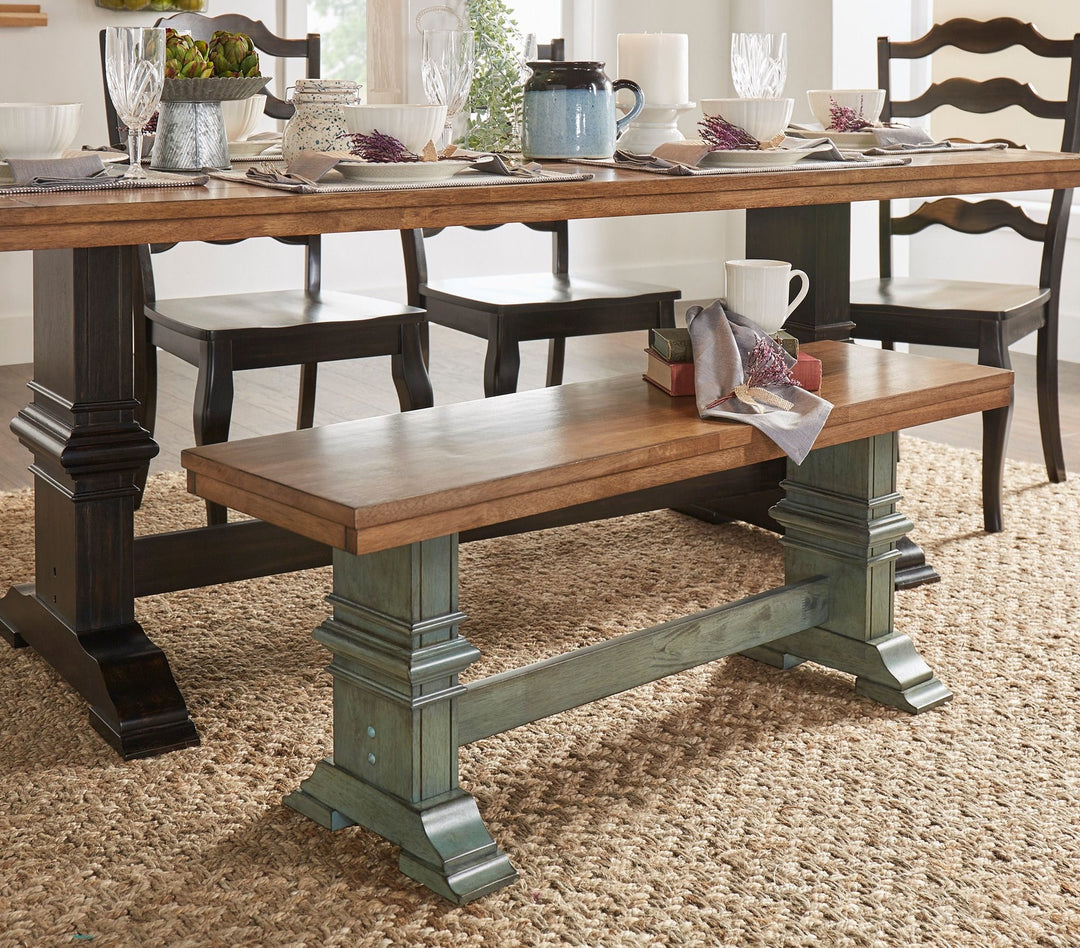 Inspire Q Eleanor Two-Tone Trestle Leg Wood Dining Bench (Sage/Oak Finish) - Diamond Home USA
