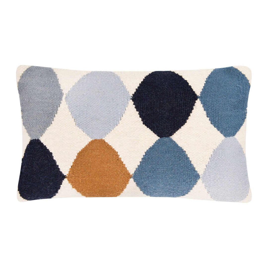 Off-White Wool Blend Lumbar Pillow with Blue Brown Pattern Multi Color Geometric