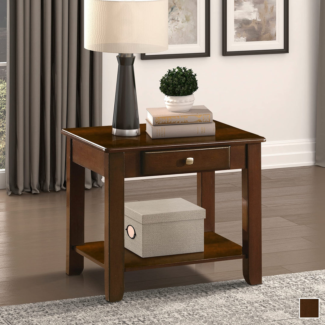 End Table Brown Traditional Rectangular Rubberwood Wood Cherry Finish Drawers