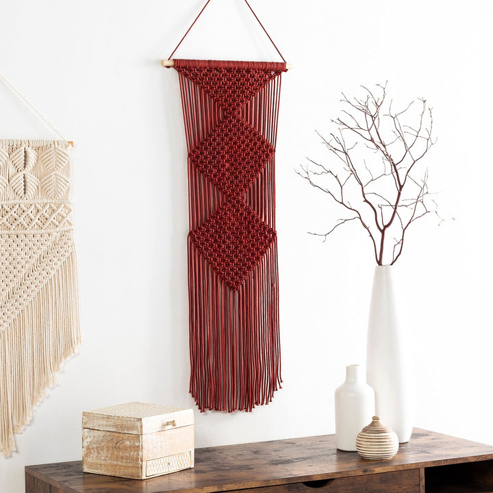 Burgundy Diamond Macrame Wall anging 40" h X 14" w Red Textured Global Cotton