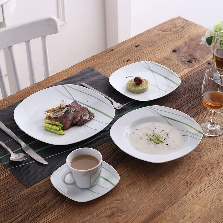 60-piece Ceramic Dinnerware Set Green Stripe Patterns Plate Sets White Solid - Diamond Home USA