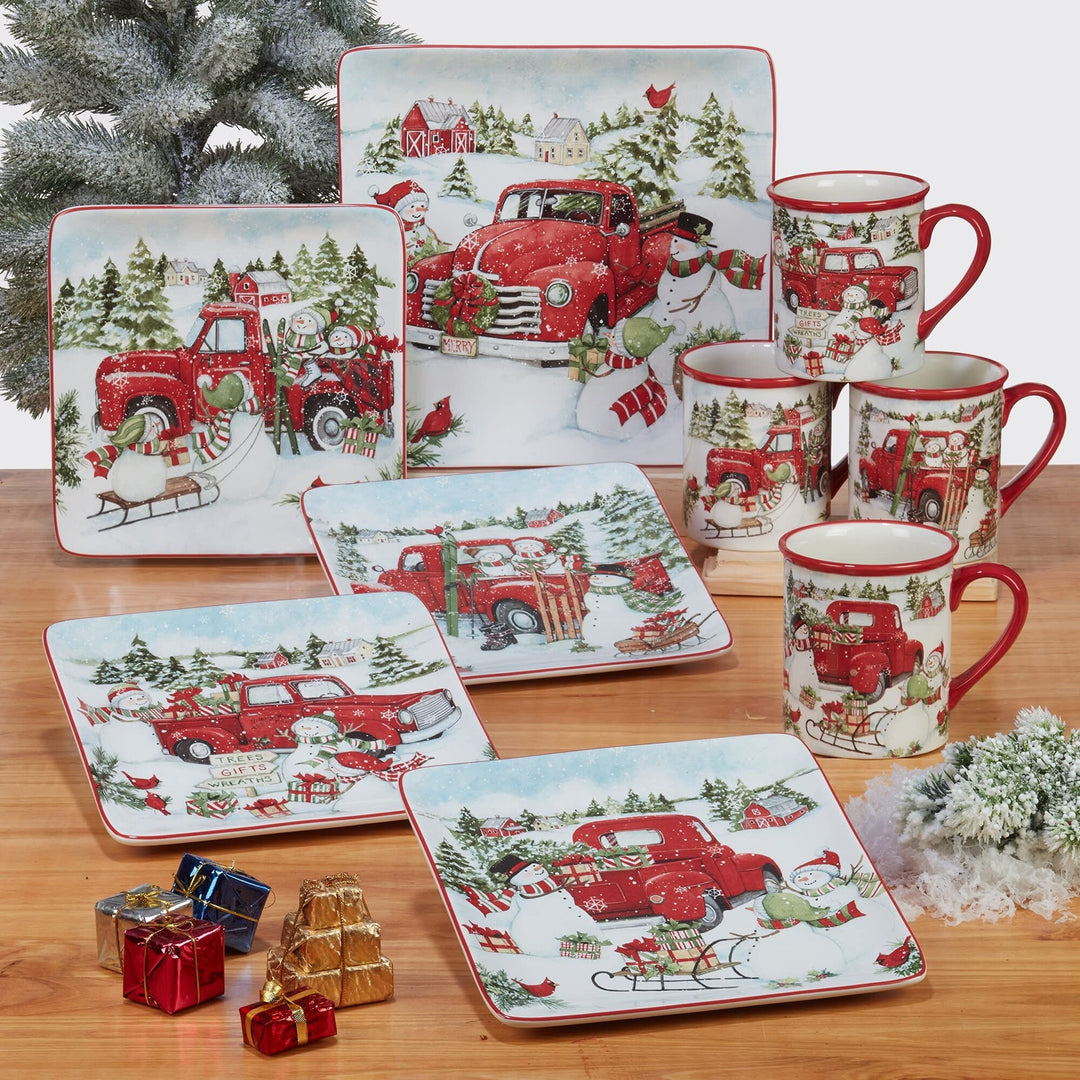 Red Truck Snowman 10.25" Dinner Plates Set Of 4 Multi Color White Holiday Casual - Diamond Home USA