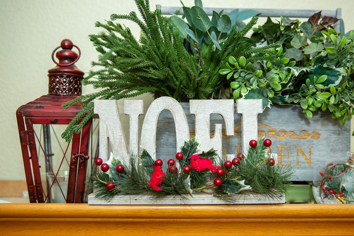 Flora Bunda 12 inch Noel Wood Sign w Cardinal Berries Christmas Home Décor - Diamond Home USA