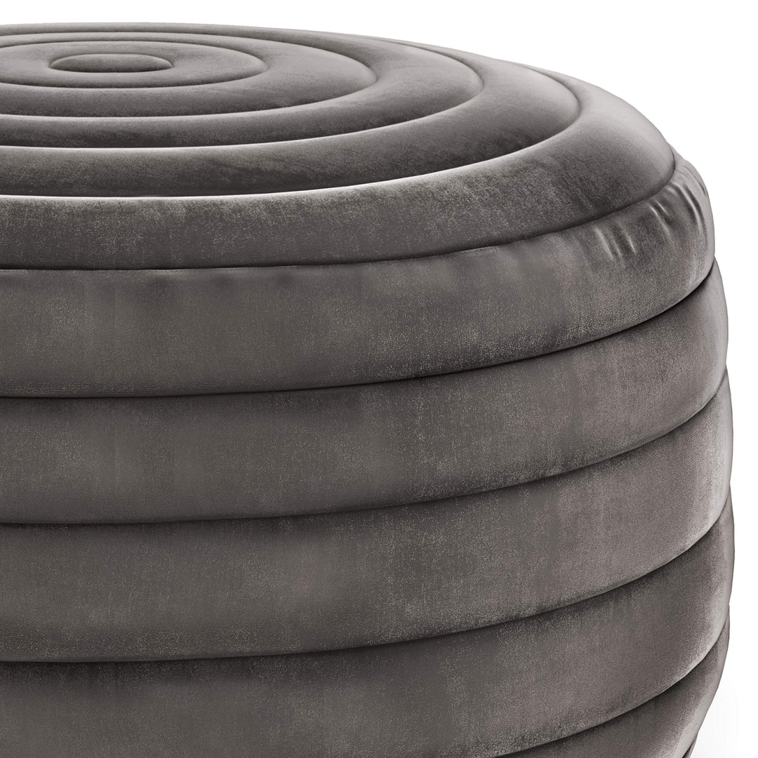 SIMPLIHOME Vivienne Boho Round Pouf in Grey Velvet Footstool Footrest