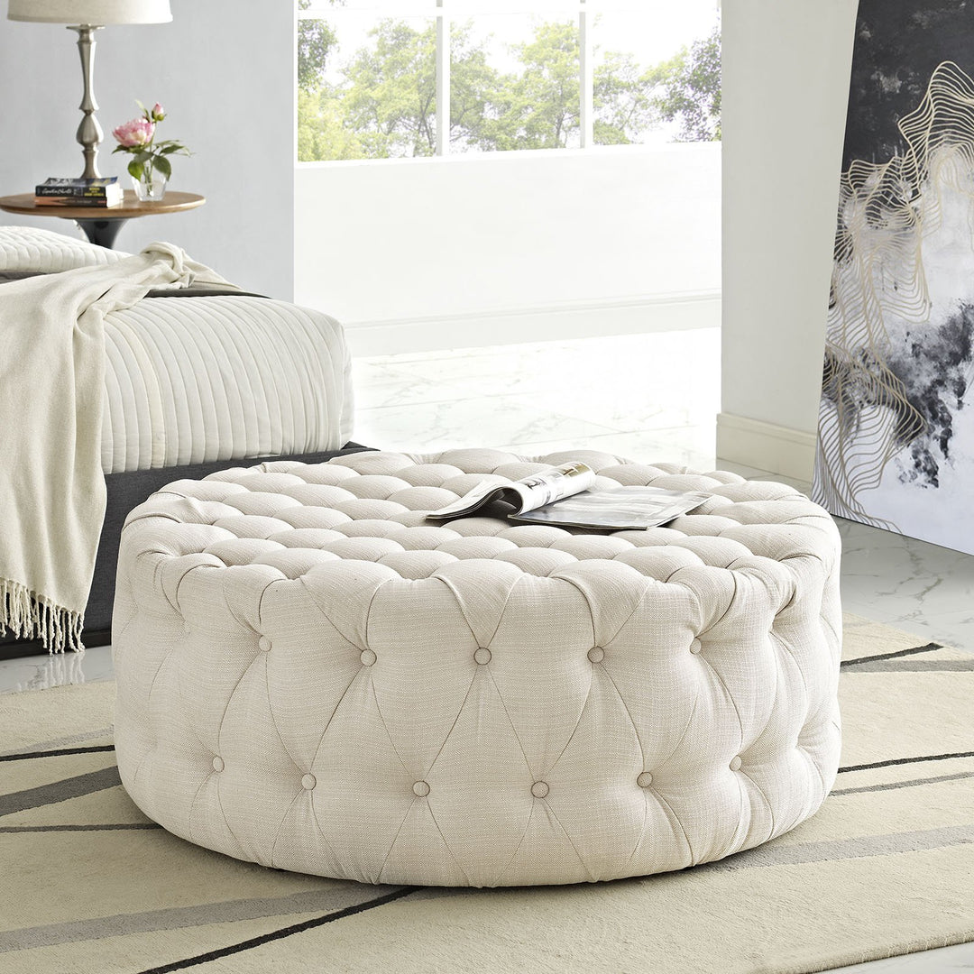 Modway Amour Fabric Upholstered Button-Tufted Round Ottoman Beige - Diamond Home USA