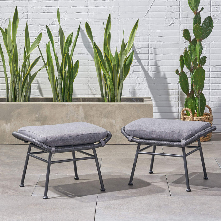 GDFStudio Outdoor Modern Boho Wicker Ottoman (Set of 2) Gray Dark Gray and Black Gray+Dark Gray+Black - Diamond Home USA