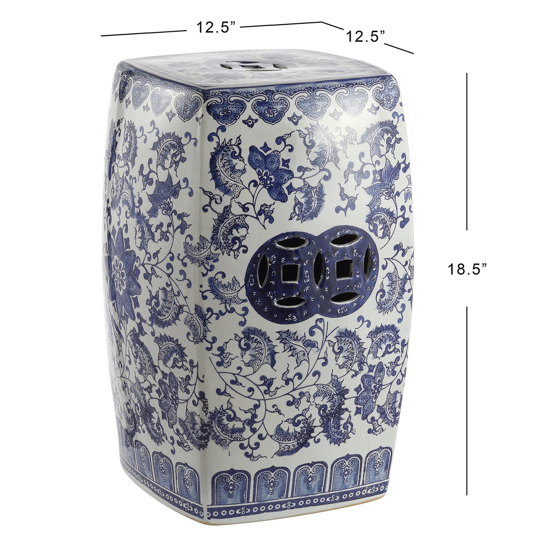 Floral Vine 18.5" Chinoiserie Square Garden Stool Blue/White Blue White Bohemian