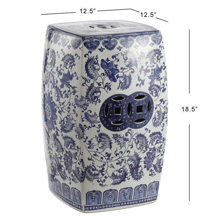 Floral Vine 18.5" Chinoiserie Square Garden Stool Blue/White Blue White Bohemian