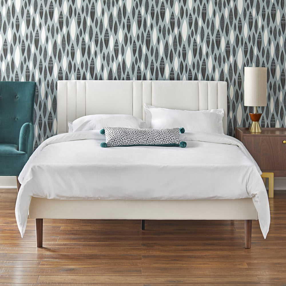 angelo:HOME Sven Mid Century Modern Upholstered Platform Bed Quen Queen Cream - Diamond Home USA