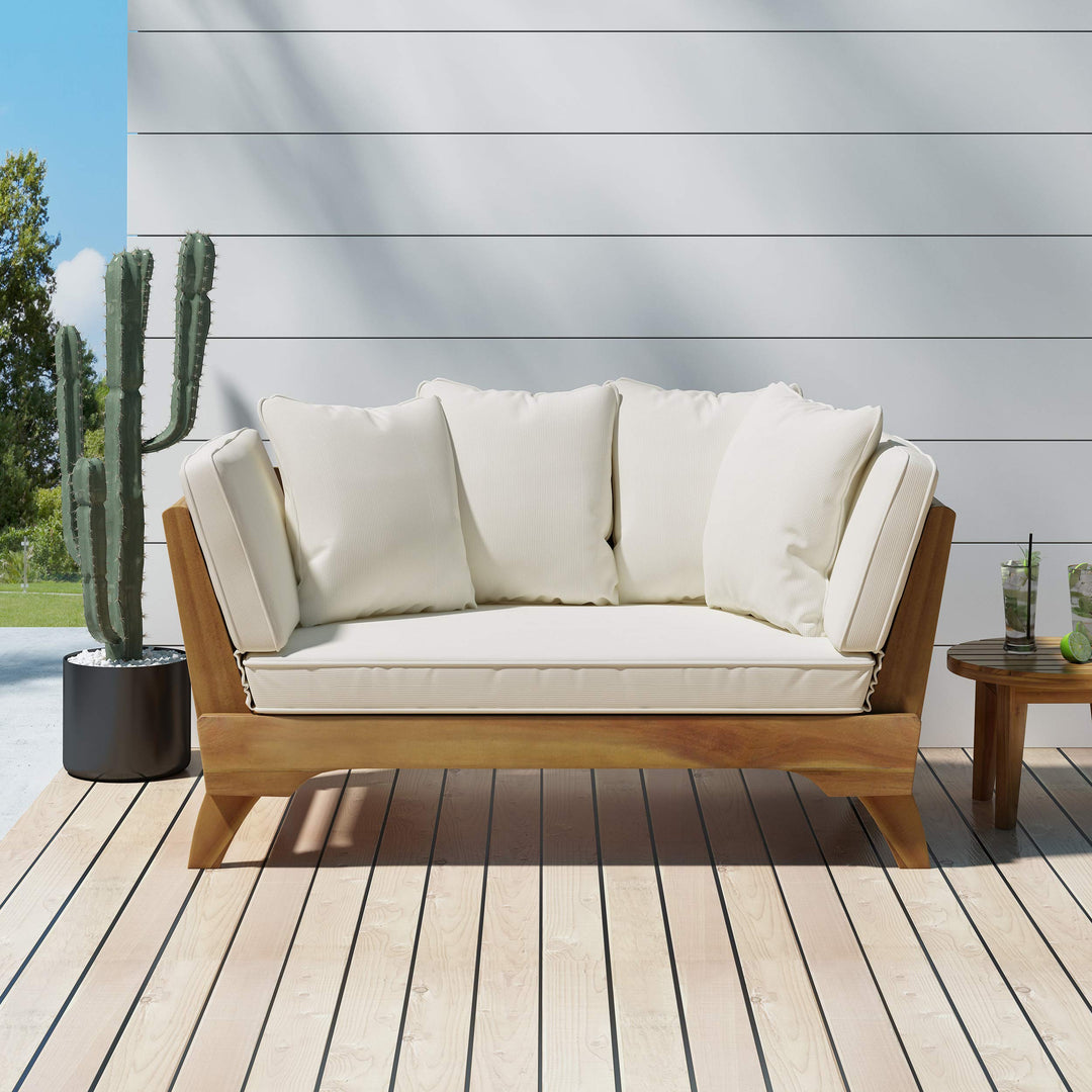 Christopher Knight Home Patrick Outdoor Acacia Wood Expandable Daybed with Water Teak Finish + Khaki + Beige Cushion - Diamond Home USA